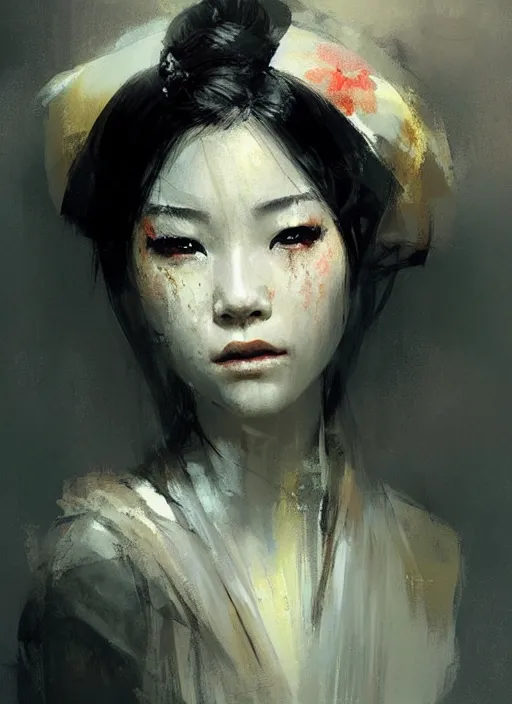 Image similar to female geisha girl, beautiful face, by greg rutkowski, by jeremy mann, digital painting