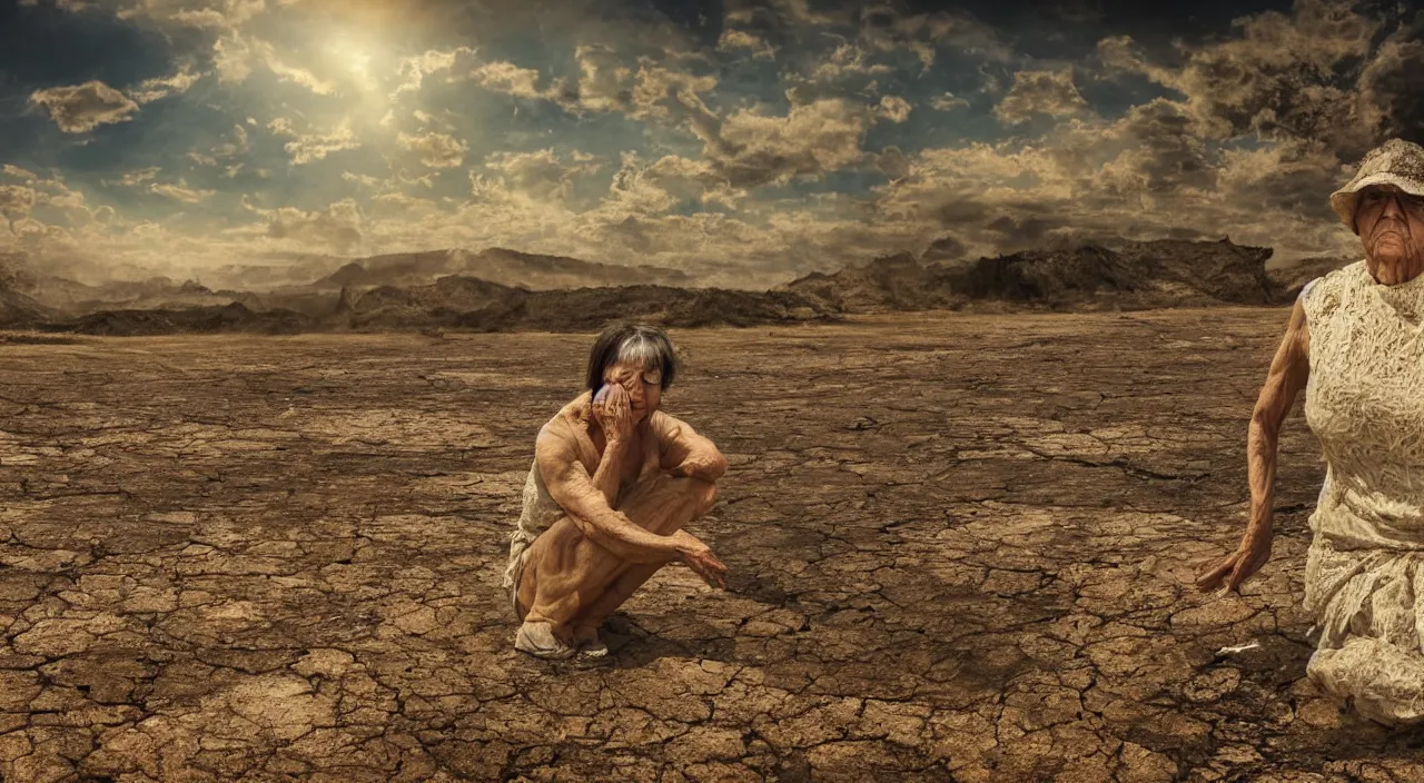 Prompt: 65-year-old Gaia crying one single tear, facing the camera and sitting on a dried up river in a desolate land, blue sky, hot and sunny, highly-detailed, elegant, dramatic lighting, artstation, 4k, cinematic landscape, photograph