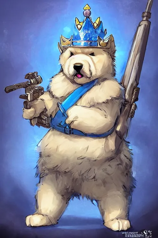 Image similar to cute anthropomorphic blue tong chow chow knight wearing a cape and a crown and holding a sniper, tiny, small, miniature chow chow, baby animal, short, pale blue armor, cute and adorable, pretty, beautiful, DnD character art portrait, matte fantasy painting, DeviantArt Artstation, by Jason Felix by Steve Argyle by Tyler Jacobson by Peter Mohrbacher, cinematic lighting