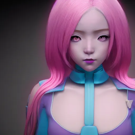 Image similar to stunningly beautiful omnipotent anime goddess with smooth porcelain skin, pink hair and mesmerizing cyan eyes, symmetrical perfect face, mid view, unreal engine 5, 8 k