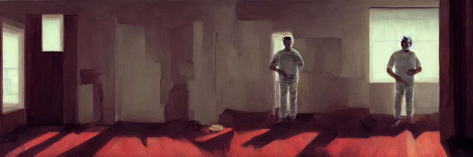 Image similar to weird and disturbing portrait of todd solondz standing alone in an empty appartment, vivid colors, neon, art by gregory crewdson and francis bacon and artgerm and wlop and william - adolphe bouguereau