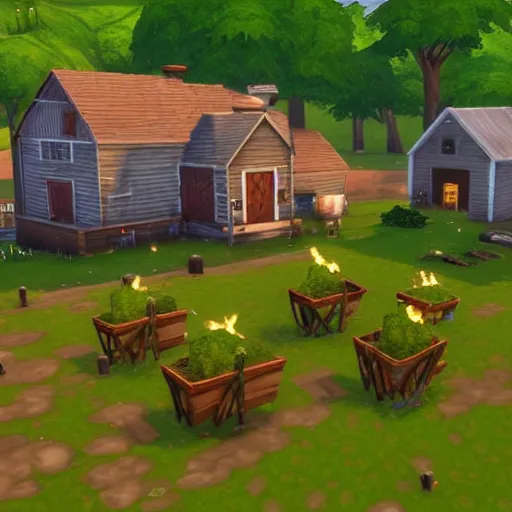 Image similar to a small vintage farm on fire in a corn field in the style of sims 4, gameplay footage