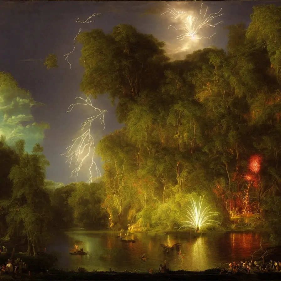 Prompt: a night carnival around a magical tree cavity with a rounded scenario with many fireworks and christmas lights, in a summer storm, next to a lake with iridiscent water, volumetric lightning, folklore people disguised as fantastic creatures in a magical forest by summer night, masterpiece painted by thomas cole, scene by night, dark night environment, refraction lights, glares