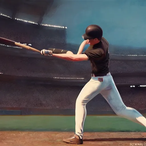 Image similar to baseball player hitting the ball with the baseball bat in the middle of the game and in front of everyone in the stadium, james gurney painting style, greg rutkowski, artstation, octane render, unreal engine 5