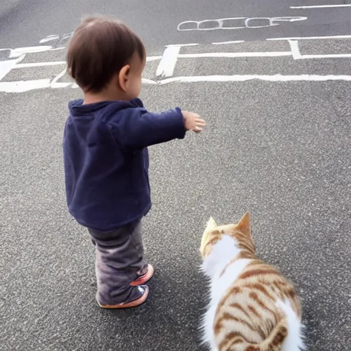 Prompt: a toddler pointing at a cat on the sidewalk