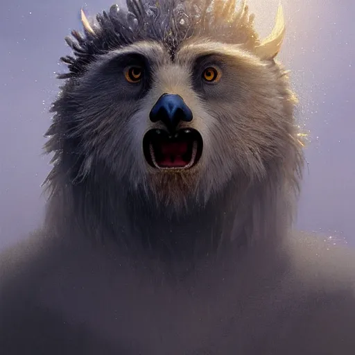 Image similar to a beautiful closeup shot from a fantasy film of a humanoid grey owlbear wearing a loose tunic. an anthropomorphic owlbear. golden hour. joseph ducreux, greg rutkowski.