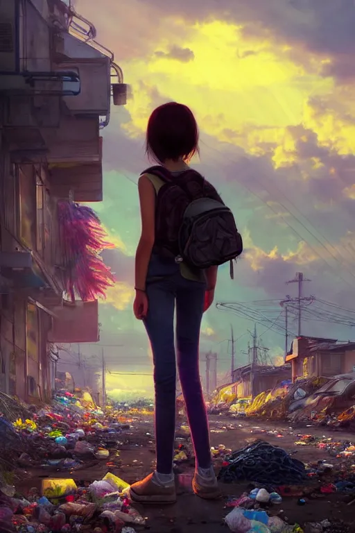 Prompt: teenage beauty girl mini hort with backpack looking at food at garbage dump, destroyed cars, city is pure wasteland, moody sunset background, rays of sunlights, ( ( ( rainbow ) ) ), high details, sharp, photorealism, cinematic, greg rutkowski, alphonse mucha, trending on artstation, artgerm, unreal engine, highly detailed