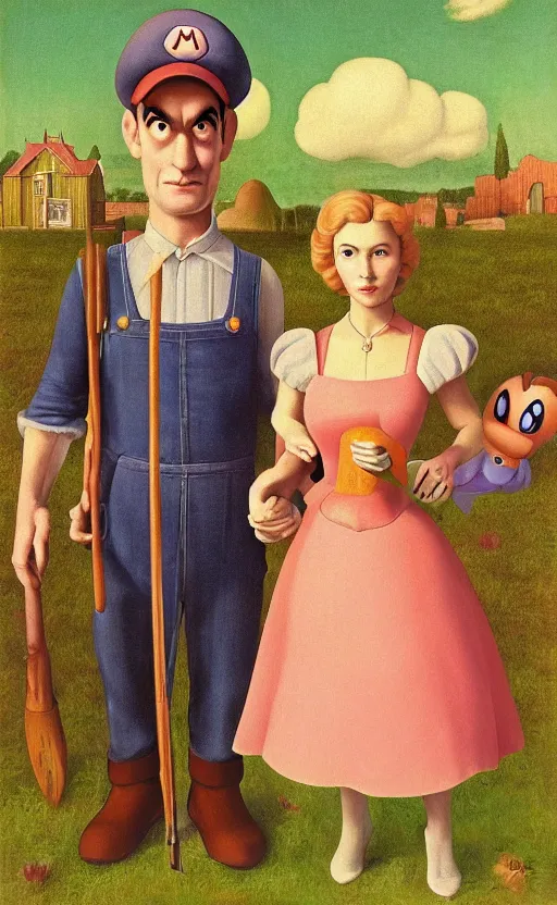 Prompt: Princess Peach and Mario as American Gothic by Grant Wood in the style of Super Mario 64, high quality render