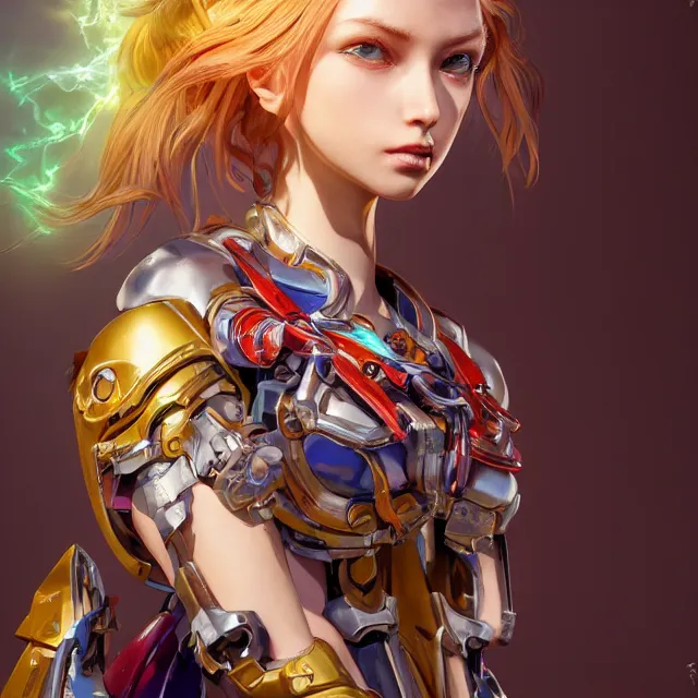 Image similar to studio portrait of lawful good colorful female holy mecha paladin absurdly beautiful, elegant, young thin bikini model, ultrafine hyperrealistic detailed face illustration by kim jung gi, irakli nadar, intricate linework, sharp focus, bright colors, matte, octopath traveler, final fantasy, unreal engine highly rendered, global illumination, radiant light, intricate environment