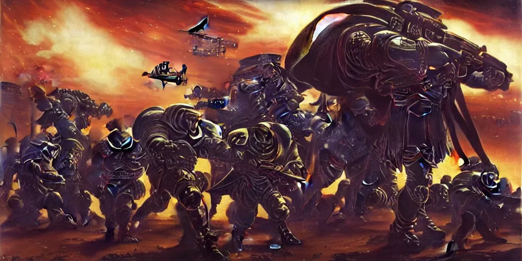 Image similar to Astartes are fighting against space orcs, huge armies, epic battle, a bunch of explosions, bullet tracers, Astartes are very well detailed, orcs are very well detailed, Photo style retro futurism art