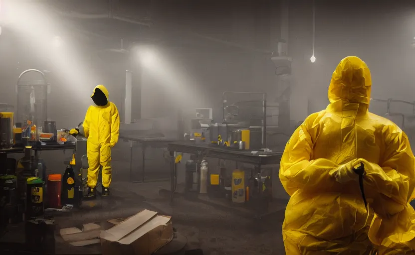 Image similar to a person in a yellow hazmat suit handling a glowing can of mountain dew with oversized gloves in a dark laboratory, hazy atmosphere, sharp focus, moody lighting, imax, dystopian, by simon stalenhag