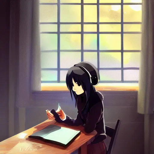 Image similar to Anime painting of a black haired girl wearing headphones while studying in her warm cozy home, by makoto shinkai, relaxed, calm, atmospheric, peacefull, trending on artstation, kimi no na wa