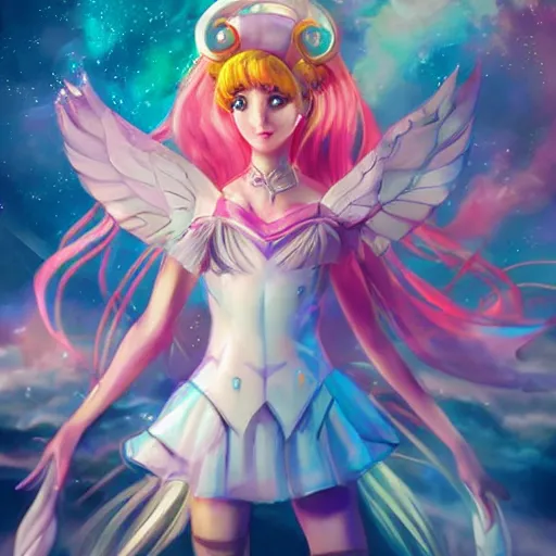 Prompt: a high fantasy portrait of a celestial magical girl, sailor moon, star guardians very beautiful, very attractive, trending on artstation, cool color scheme, unreal engine, semi - realism, deviant art