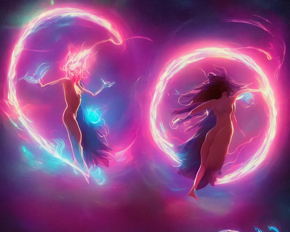 Image similar to a beautiful whimsical goddess floating above a lake basking in the moonlight, fire bending, underneath a multi-colored binary blackhole with an accretion disc, glowing trails following her arms, synthwave, by Lois van Baarle, by Greg Rutkowski, by artgerm, by beeple, by studio ghibli, cinematic angle, volumetric lighting, 4k resolution, octane render, trending on artstation, masterpiece