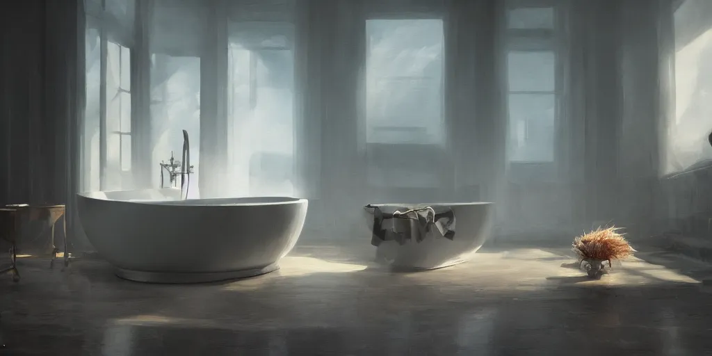 Image similar to a bathtub, detailed oil painting, cinematic angle, hyperrealistic, breathtaking, volumetric lighting, cinematic lighting, dynamic, Studio Ghibli, digital art, octane render, epic composition, trending on artstation, masterpiece