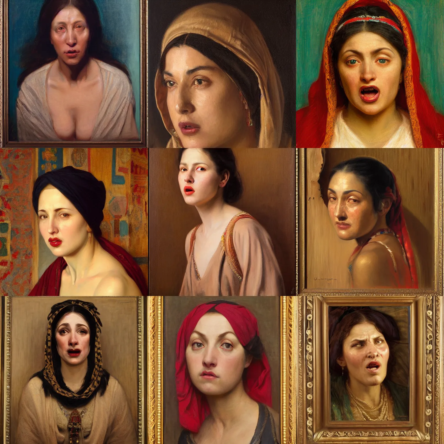 Prompt: orientalism terrified woman face portrait afraid mouth open by Edwin Longsden Long and Theodore Ralli and Nasreddine Dinet and Adam Styka, masterful intricate art. Oil on canvas, excellent lighting, high detail 8k