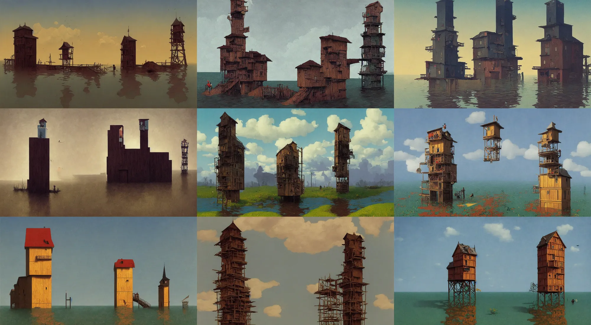 Image similar to single flooded simple wooden tower, very coherent and colorful high contrast!! masterpiece by rene magritte simon stalenhag carl spitzweg syd mead norman rockwell edward hopper james gilleard, minimalist, dark shadows, sunny day, hard lighting