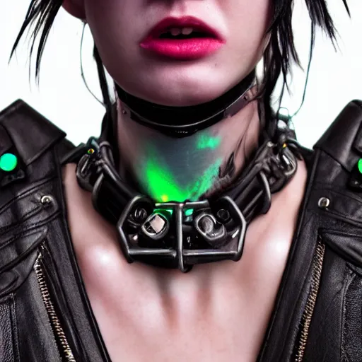 Image similar to detailed realistic cyberpunk female character cyberpunk wearing steel collar around neck, realistic, art, beautiful, 4K, collar, choker, collar around neck, punk, artstation, detailed, female, woman, choker, cyberpunk, neon, punk, collar, choker, collar around neck, thick collar, choker around neck, wearing choker, wearing collar, bright neon punk hair,