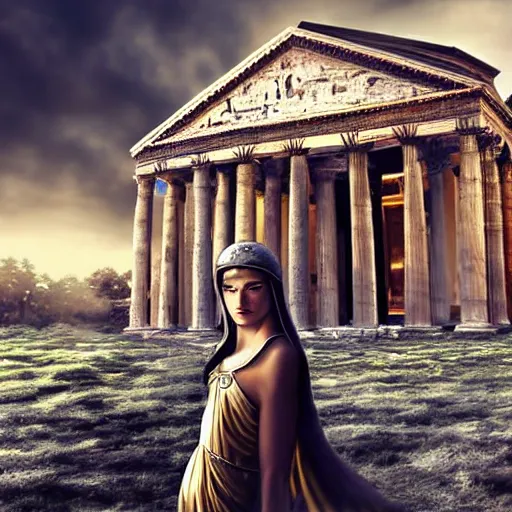 Prompt: young ancient greek woman in golden helmet, giant grey-haired bearded male face in the sky, marble pantheon palace in the sky, clouds background, epic fantasy style art, fantasy epic digital art