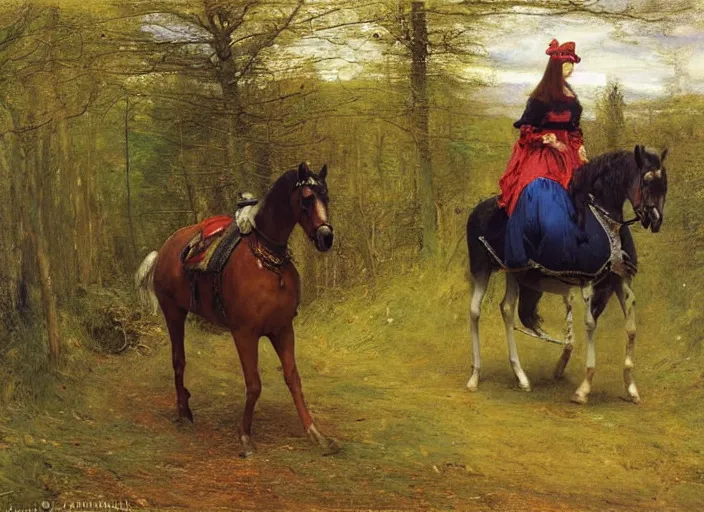 Image similar to a princess with a tall cone hat riding a robotic horse in a forest, oil painting by john everett millais