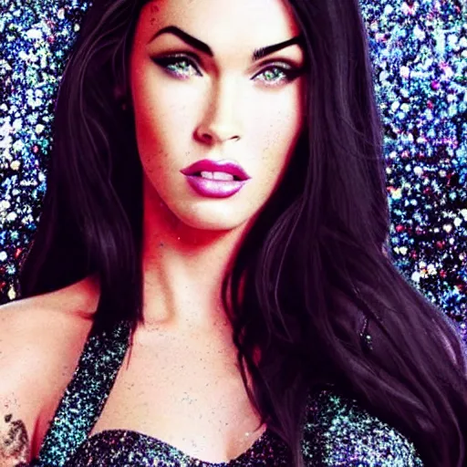 Prompt: “Megan Fox glitter paints paintings, glitter face and body, glitter background, ultra detailed portrait, 4k resolution”