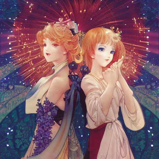 Image similar to two beautiful girls watching fireworks, digital art, by range murata, akiyuki shinbou, alphonse mucha, masamune shirow, josan gonzales, highly detailed, realistic, cinematic