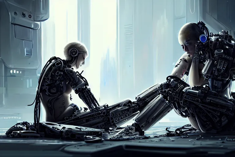 Prompt: Ultra realistic illustration, beautiful alluring damaged combat cyborg sitting on the floor of a crashed spaceship while being put back together in an super advanced military medical bay, discussing with other alluring cyborgs how to handle humans, cyberpunk, sci-fi, fantasy, intricate, elegant, highly detailed, digital painting, artstation, concept art, smooth, sharp focus, illustration, art by artgerm and greg rutkowski and alphonse mucha