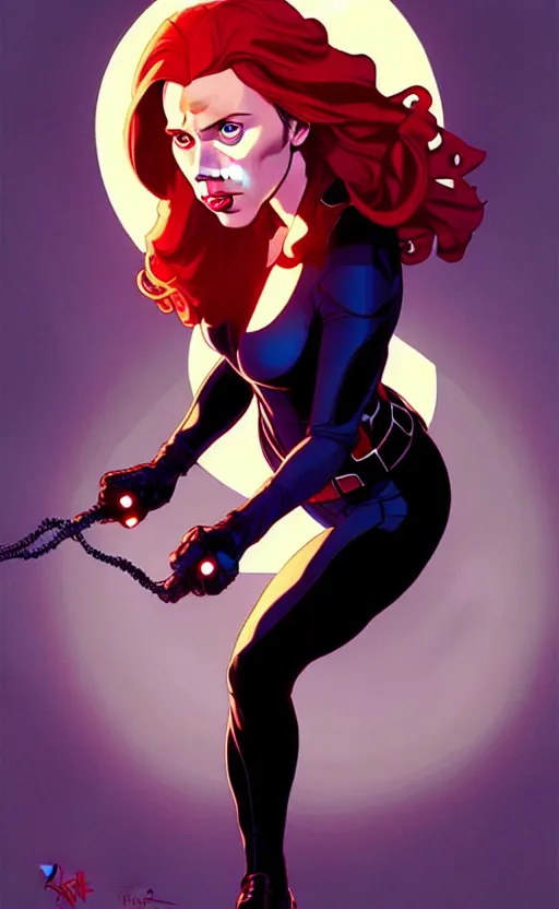 Image similar to rafeal albuquerque comic art, joshua middleton comic art, artgerm, cinematics lighting, night time, pretty scarlett johansson black widow, big smirk, symmetrical face, symmetrical eyes, long red hair, full symmetrical body, flying in the air, jumping off rooftop