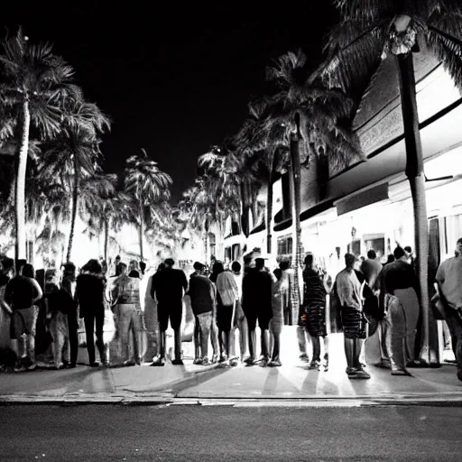 Prompt: a medium shot of a line of people outside of a trendy nightclub at midnight, bouncers at the door of the club, palm trees on the street as well as expensive luxury cars, directed by christopher nolan