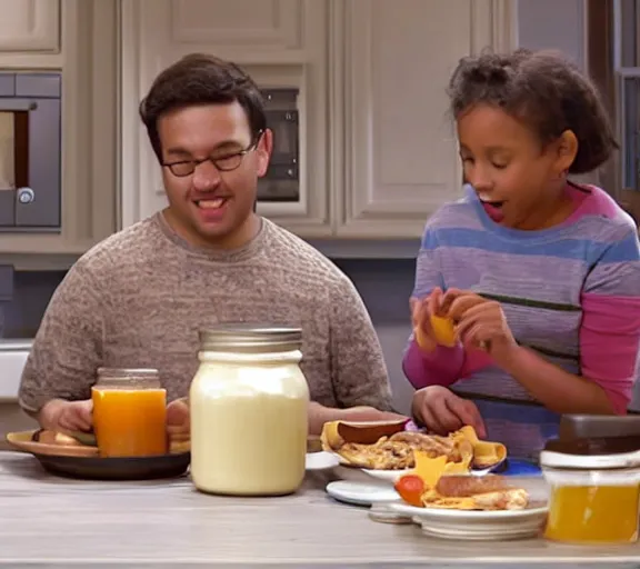 Prompt: tv commercial color still shot of food jar of cockroach butter, family, breakfast table