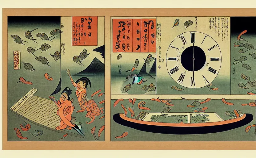 Image similar to business dashboard with time series charts, pie plots and other modern graphics, with small creatures swimming on it. diego rivera ( in modern ukiyo - e style, mexican muralism ). ravi supa.