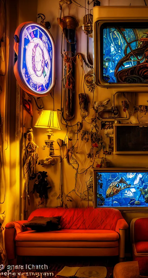 Image similar to telephoto 7 0 mm f / 2. 8 iso 2 0 0 photograph depicting the feeling of chrysalism in a cosy safe cluttered french sci - fi art nouveau cyberpunk apartment in a dreamstate art cinema style. ( sofa ) ( ( fish tank ) ), ambient light.