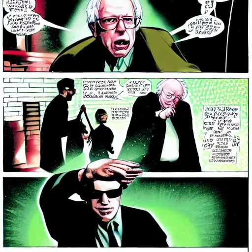 Image similar to Bernie Sanders as Neo in the Matrix, in a matrix comic book, with matrix code swirling all around