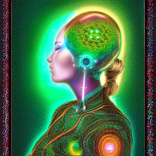 Prompt: a majestic portrait of a female computer algorithm with her brain connected to the cloud using energy beams, digital painting, high detail, 8 k, intricate ornamental details, vibrant iridescent colors, green magenta and gold