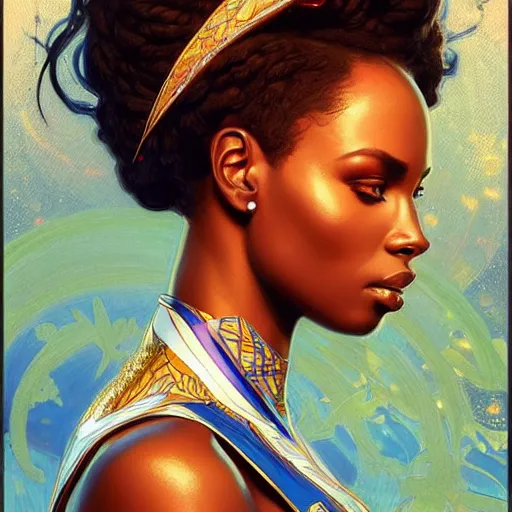 Image similar to Portrait of very very very very very very beautiful african woman, spacesuit, blue eyes, intricate, elegant, highly detailed, digital painting, artstation, concept art, smooth, sharp focus, illustration, art by artgerm and greg rutkowski and alphonse mucha