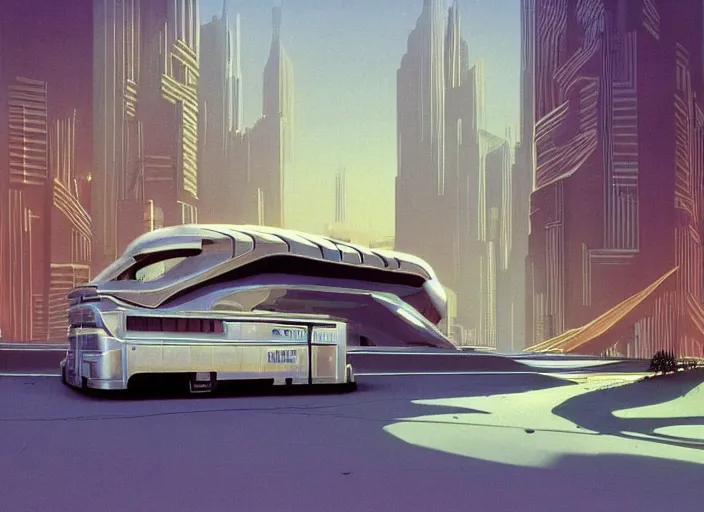 Image similar to a sport sedan truck in a future city. style by peter elson and eyvind earle.