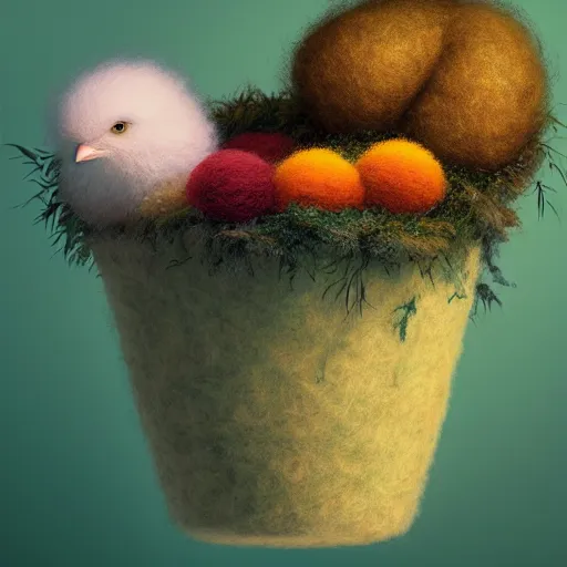 Image similar to long shot of a very fluffy wool chick nesting in a floral cup, esao andrews, by m. w. kaluta, humorous illustration, hyperrealistic, tilt shift, warm colors, night scenery, low light, 3 d octane render, 4 k, volumetric lights, smooth, cosy atmosphere, conceptart, hyperdetailed, trending on deviantart