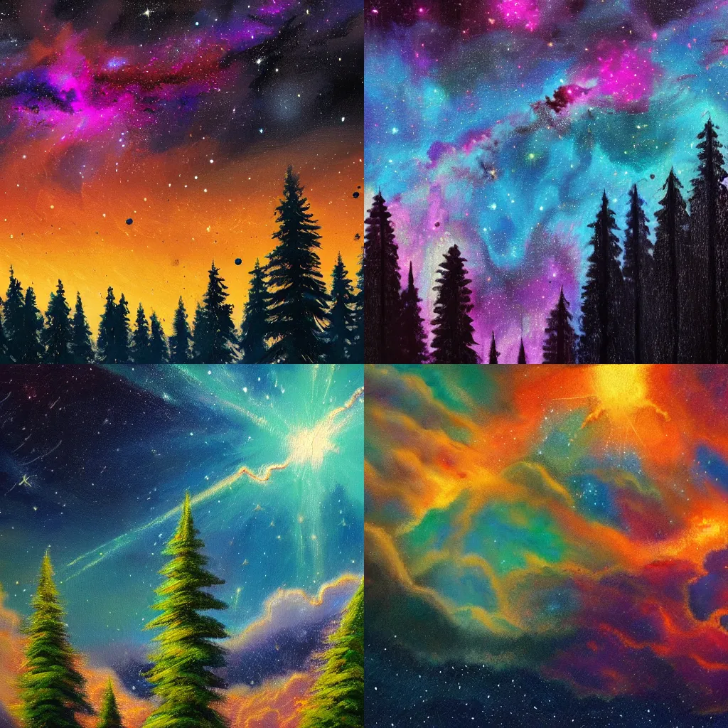 Prompt: painting of a landscape with a nebula as the sky, fir trees, beautiful, trending on artstation, ultra high detail