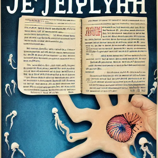 Prompt: jellyfish 4 dultra detailed big written words hello are missing limbs super detailed by printing magazine newspaper cinematic, realistic, intricate