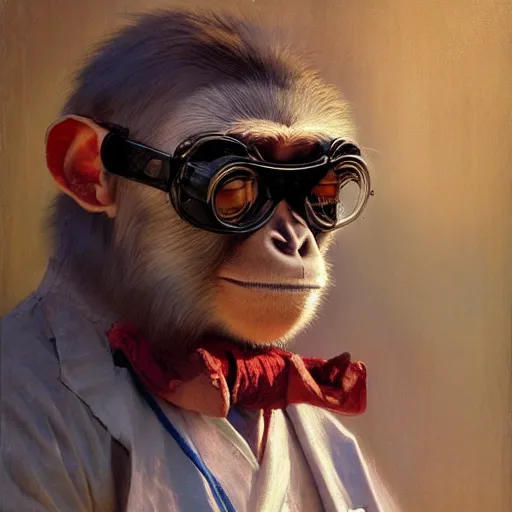 Image similar to portrait of a monkey doctor, artwork by gaston bussiere, craig mullins, trending on artstation, monkey dressed as a scientist, using googles and wearing a doctor coat