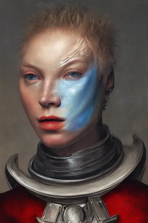 Image similar to hyperrealism oil painting, close - up portrait of albino medieval fashion model, knight, steel gradient mixed with nebula sky, in style of baroque