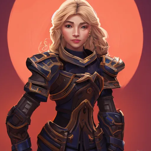 Prompt: masterpiece head-on symmetrical centered painted portrait, Imogen Poots as a paladin, blonde hair, glorious, wearing full metal armour, overwatch character, Blizzard Hearthstone concept art, pixar, maya engine on stylized background, splash comics, global illumination lighting, trending on artstation, by lois van baarle, ilya kuvshinov, rossdraws