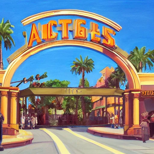Prompt: painting of universal studios florida entrance arches, artstation