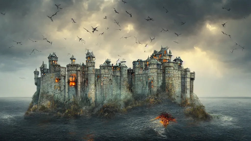 Image similar to a cinematic cityscape photograph of a flock of birds in the sky above a floating castle, a fiery dragon flys in the sky, thunder and lightning, lee madgwick