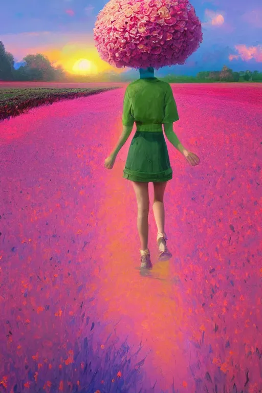 Image similar to giant flower head, girl walking in a flower field, surreal photography, sunrise, dramatic light, impressionist painting, colorful clouds, digital painting, artstation, simon stalenhag