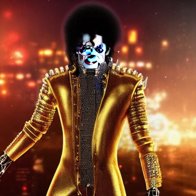 Prompt: beautiful!! futuristic cyberpunk michael jackson the devil. wearing super gem clothes, gold science fiction machinery, highly detailed 8 k hdr smooth sharp focus high resolution award - winning photo photorealistic