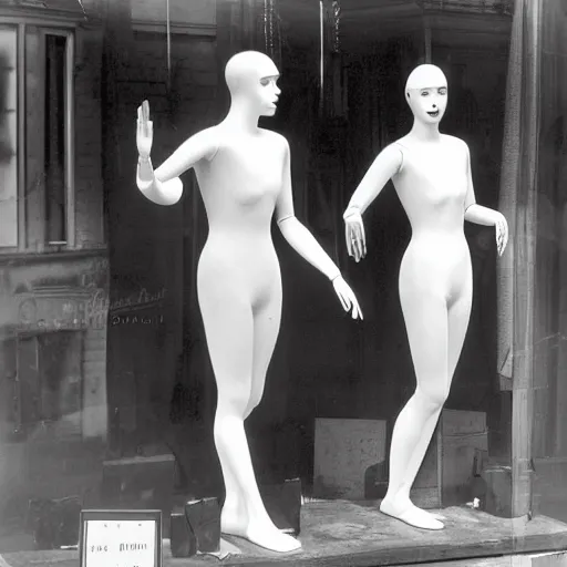 Prompt: manikins dancing, wax manikin heads, smiling at each other, uncanny valley, 1 9 2 0, paris, shop window, photograph, style of atget, nightmare, concept art, creepy