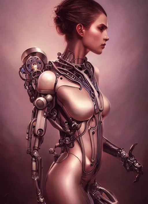Prompt: a beautiful woman with a cybernetic spine, painted by artgerm and tom bagshaw, fantasy art, dramatic lighting, highly detailed oil painting
