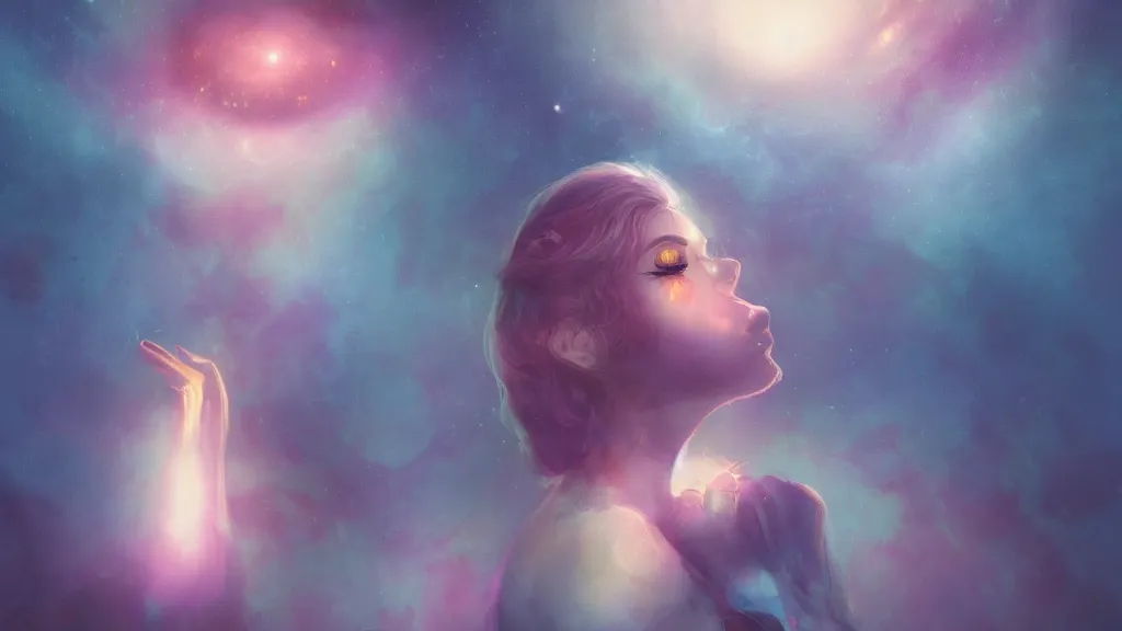 Prompt: whimsical, a beautiful playful woman, wearing professional makeup, standing in a lake, blowing trippy smoke, under the stars, with a binary black hole with a ring in the sky, by Lois van Baarle, by Greg Rutkowski, by Ilya Kuvsninov, cinematic angle, face enhance, volumetric lighting, cinematic lighting, digital art, 4k resolution, octane render, trending on artstation, masterpiece