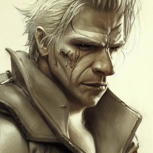 Image similar to portrait of a muscular, grim, ponytail haired blonde man in his late 30's, wearing a thick brown leather coat, looking to his side, scarred face, chiseled face, hunter, DnD character, fantasy character, dramatic lighting, high detail, graphite black and white by Ruan Jia, Krenz Cushart, Rossdraws and Boris Vallejo